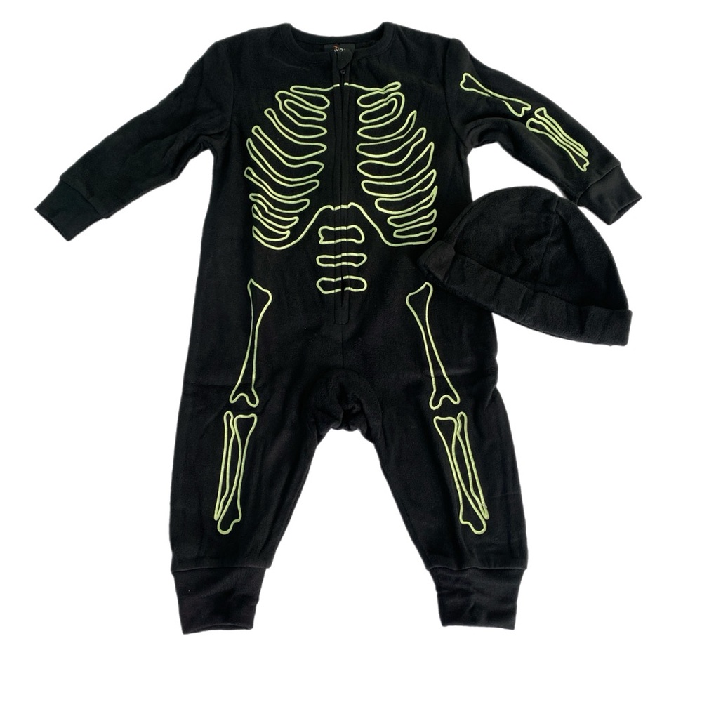 Hide And Eek! Kids glow in the dark Fleece Skeleton PJs Black and Green 12 M NWT
